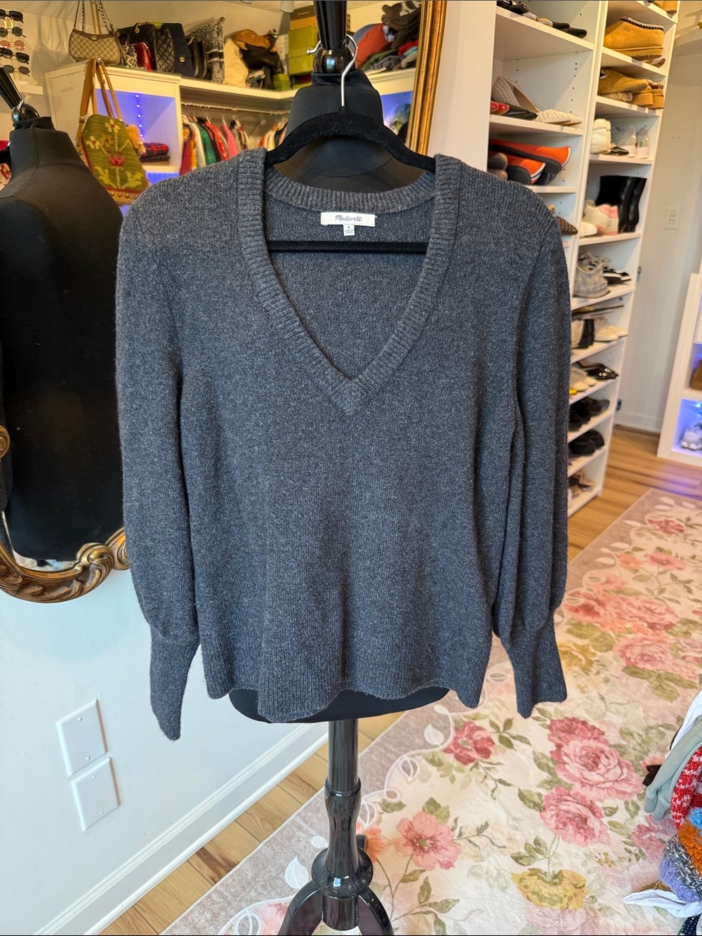 Madewell Dark Gray V-Neck Cashmere-Blend Sweater
